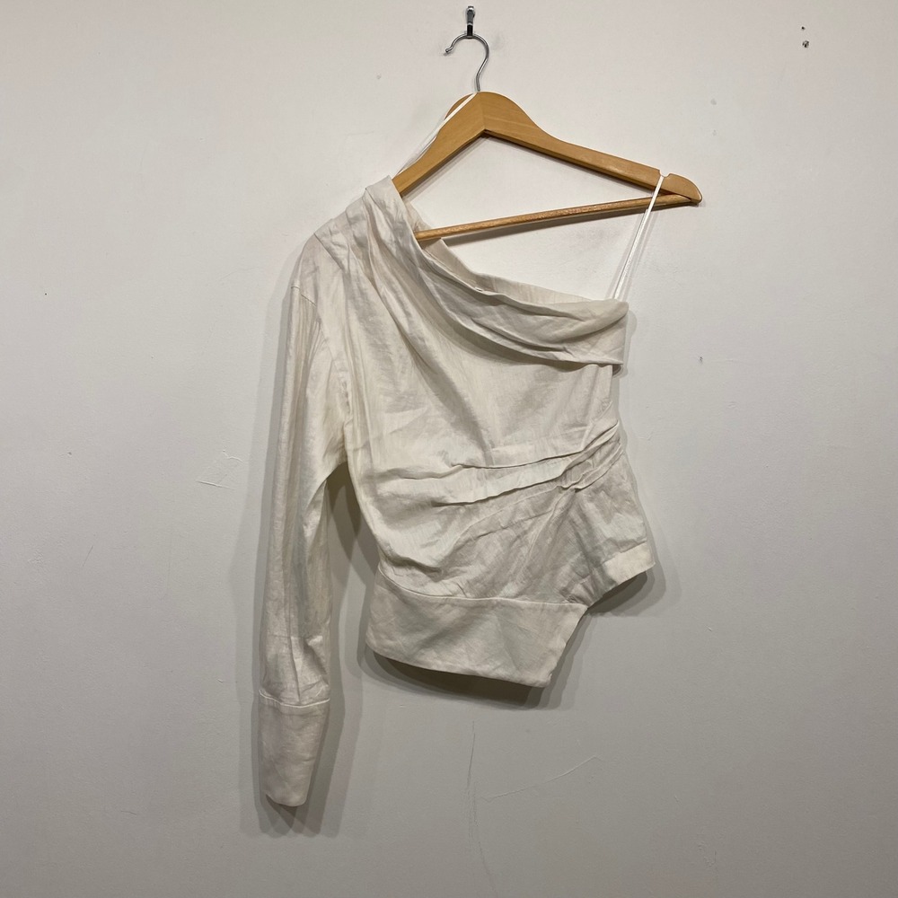 Zara Womens One Shoulder Asymmetrical‎ Long Sleeve Top Ivory White XS